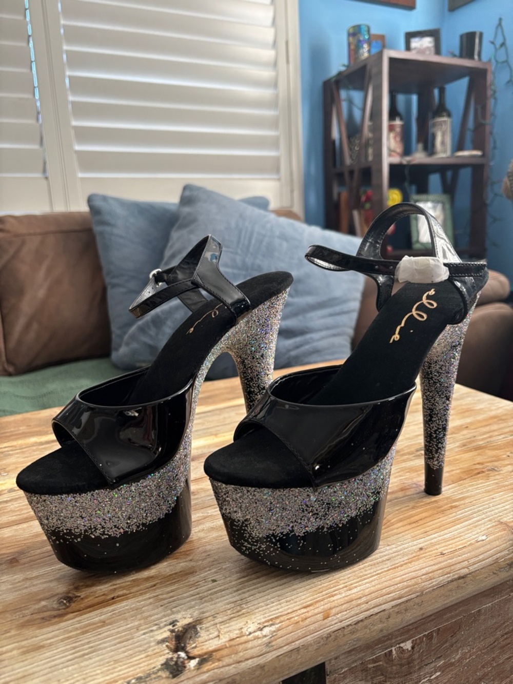 Elle Black Patent Platform Sandals with Silver Glitter